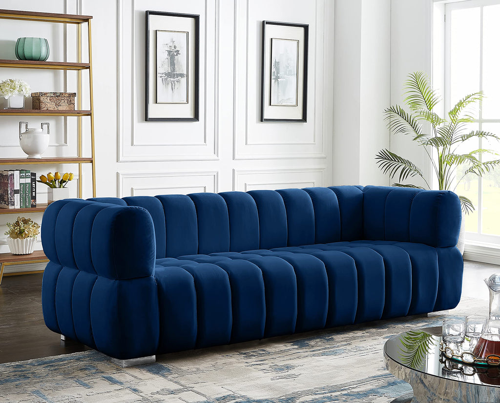 Navy Velvet Upholstered Sofa with Deep Biscuit Tufting W5277