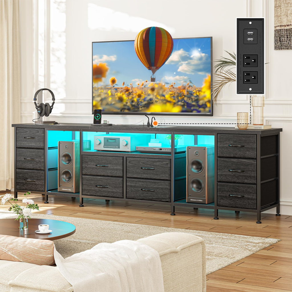 75.5" Long TV Stand with LED, Power Outlets & 10 Drawers G276