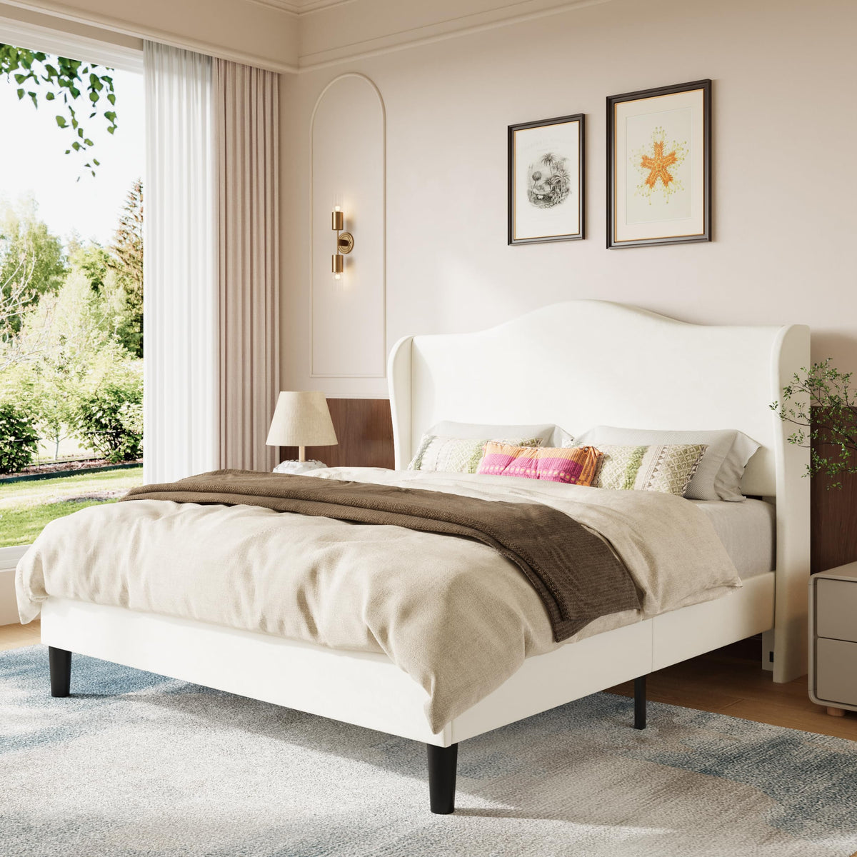 Queen Size Bed Frame with Wingback Headboard X91686