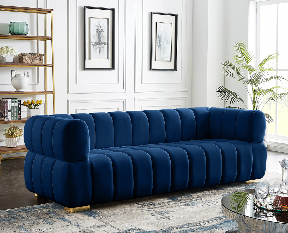 Navy Velvet Upholstered Sofa with Deep Biscuit Tufting W5277