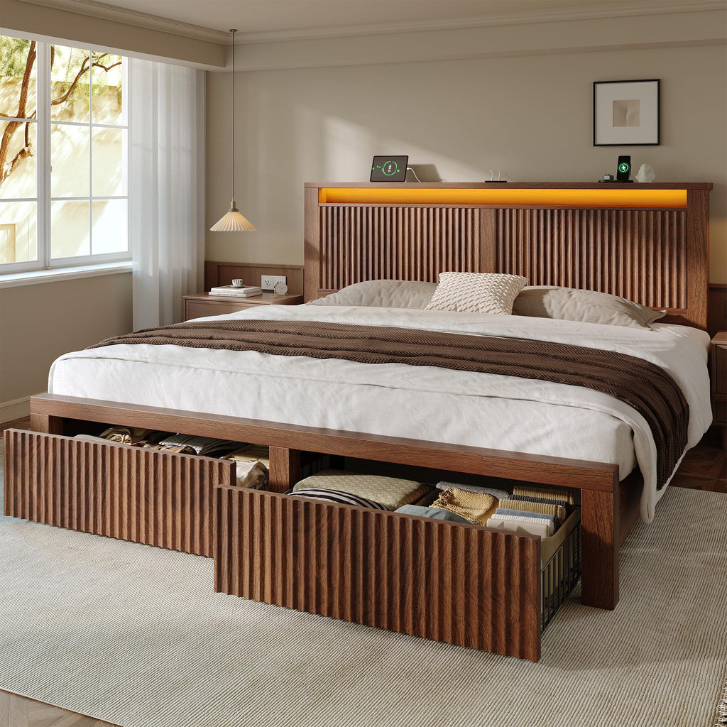 King Bed Frame with 2 Drawers and Storage Headboard E5371