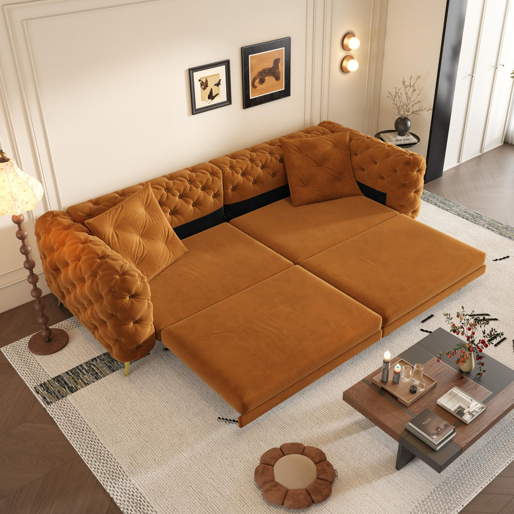 Orange Velvet 4-Seater Convertible Sleeper Sofa with Ottoman Z96488