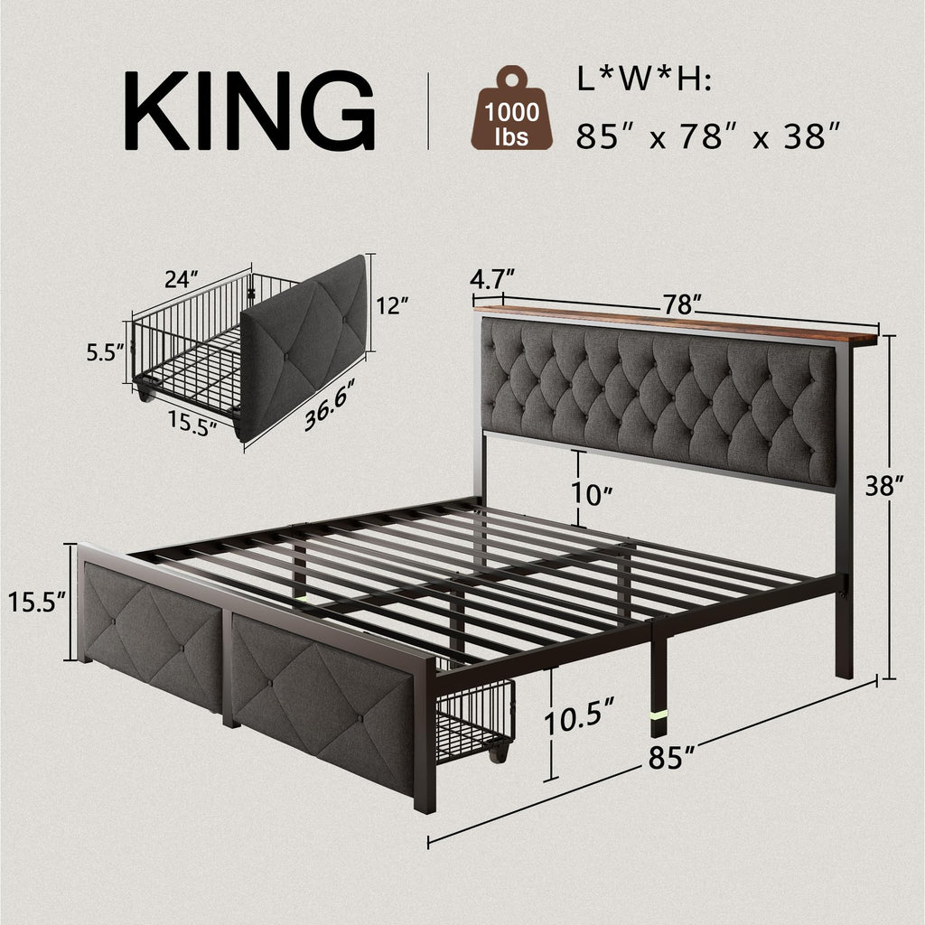 King Size Metal Platform Bed Frame with 2 Storage Drawers Q936