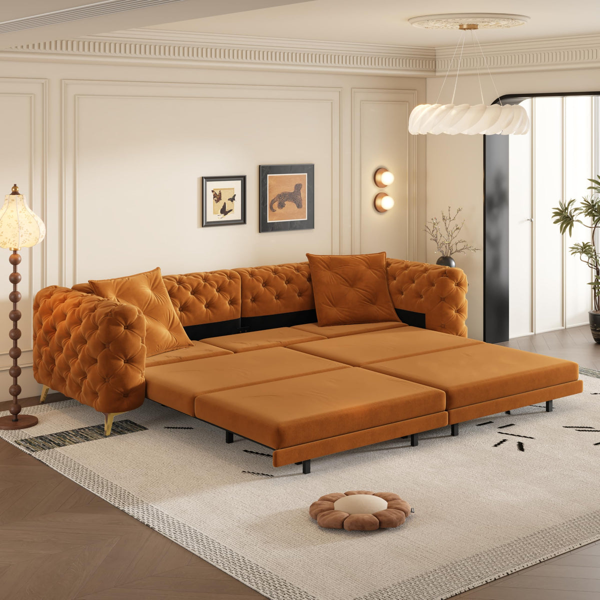 Orange Velvet 4-Seater Convertible Sleeper Sofa with Ottoman Z96488