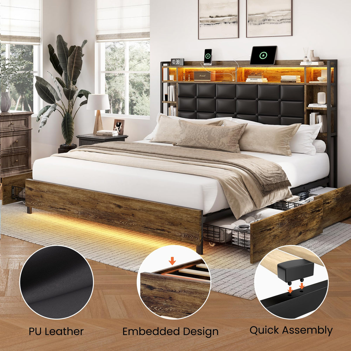 Queen Size Wooden Bed Frame with Storage Drawers Z128480