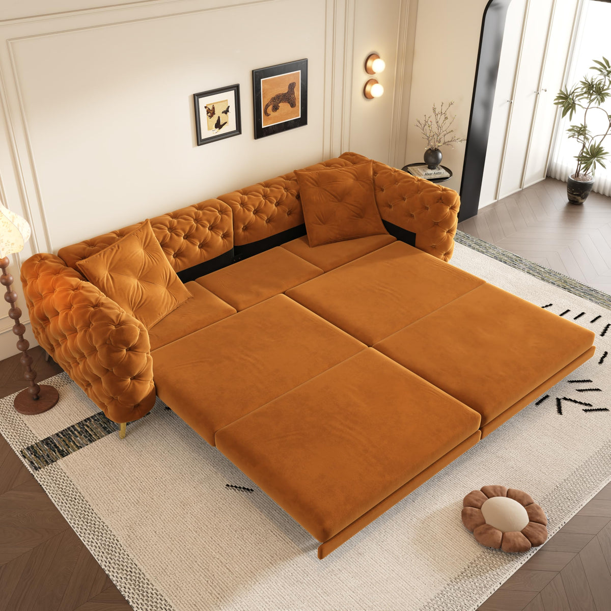 Orange Velvet 4-Seater Convertible Sleeper Sofa with Ottoman Z96488