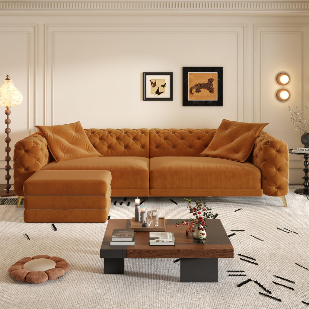Orange Velvet 4-Seater Convertible Sleeper Sofa with Ottoman Z96488