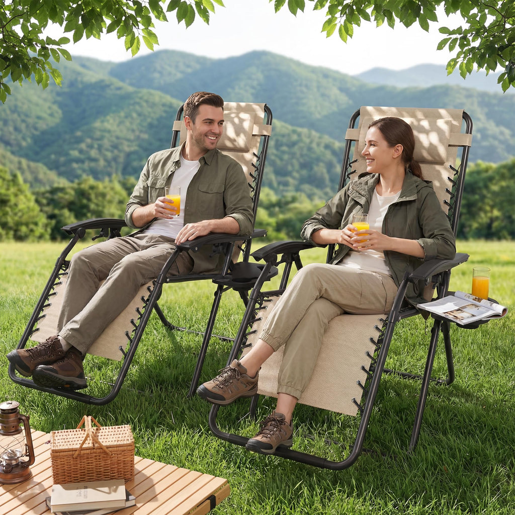 Set of 2 Adjustable Zero Gravity Lounge Chairs with Cup Holder Tray I761677