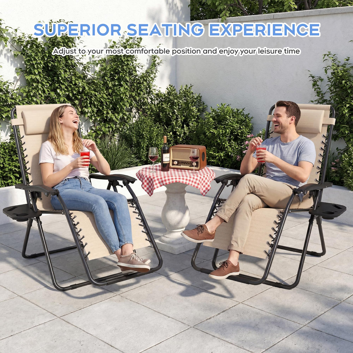 Set of 2 Adjustable Zero Gravity Lounge Chairs with Cup Holder Tray I761677