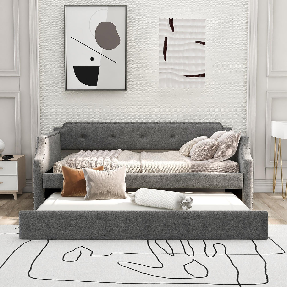 Gray Linen Upholstered Twin Daybed with Trundle C3411