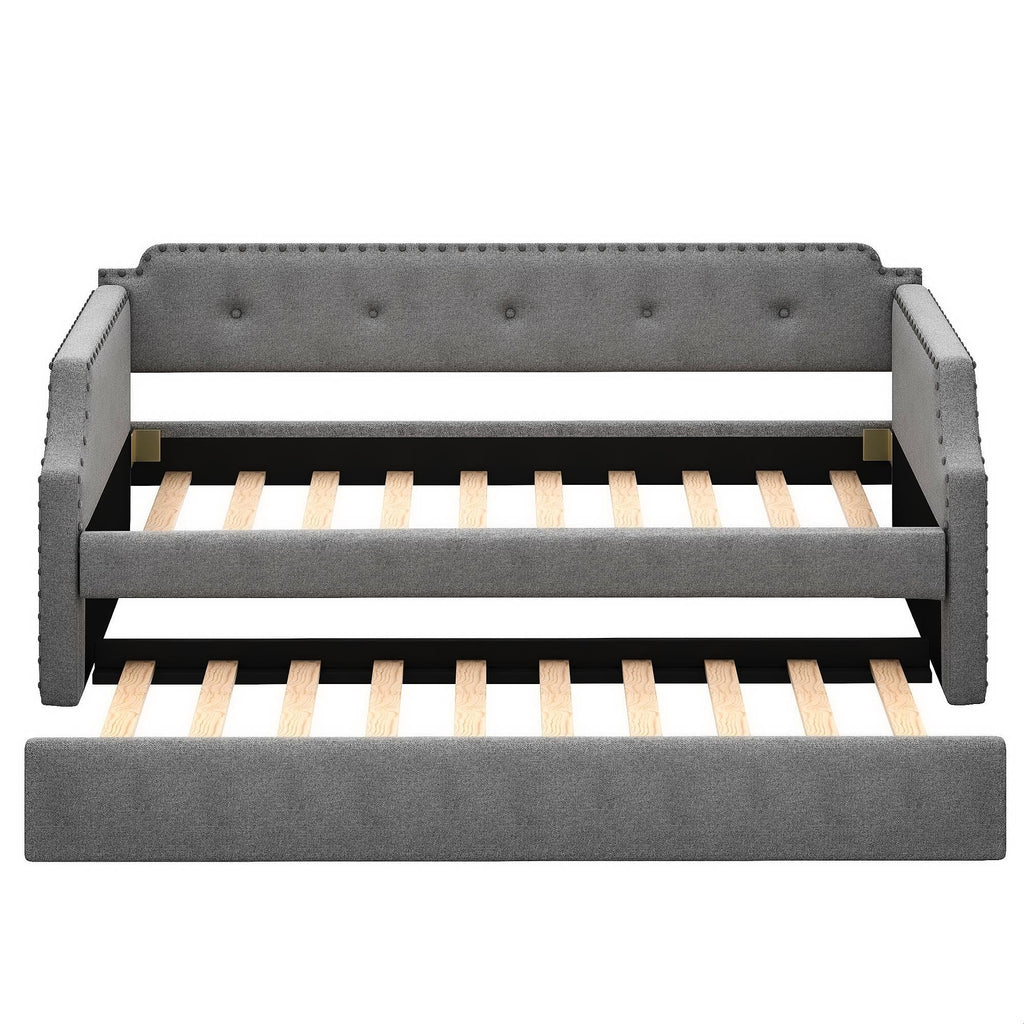 Gray Linen Upholstered Twin Daybed with Trundle C3411