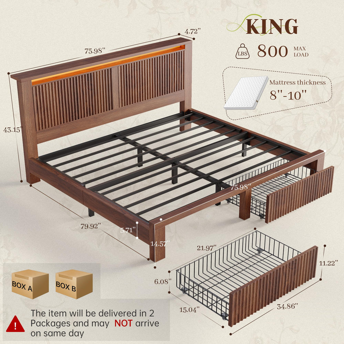 King Bed Frame with 2 Drawers and Storage Headboard E5371